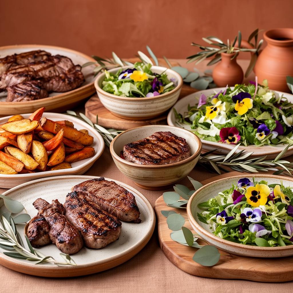 Earthy buffet spread with grilled meats, salads and olive branch garnish