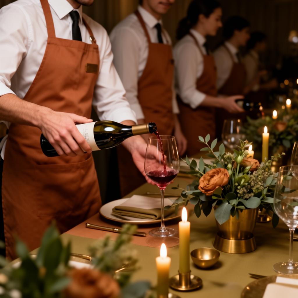Professional waitstaff in clay-coloured aprons pouring wine at a candlelit event