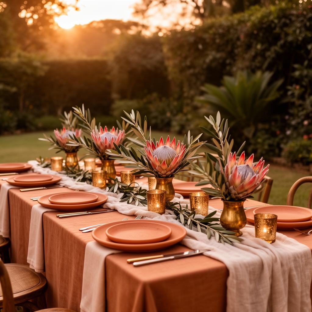 Outdoor garden wedding table with terracotta plates and protea centerpieces at golden hour